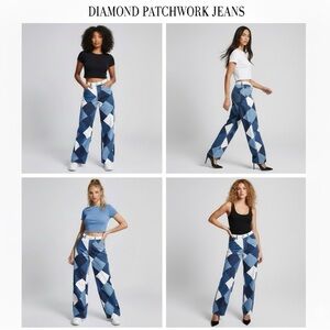 Diamond Patchwork Jesns Wide-Leg Denim – Statement Edition